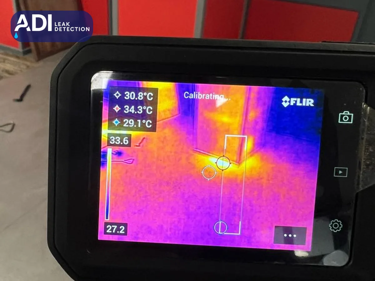FLIR thermal imaging camera showing a warm patch on a floor